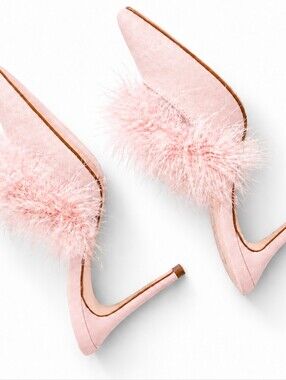 Pale Pink Maribou Feather Trim Stilleto Slides Size 6